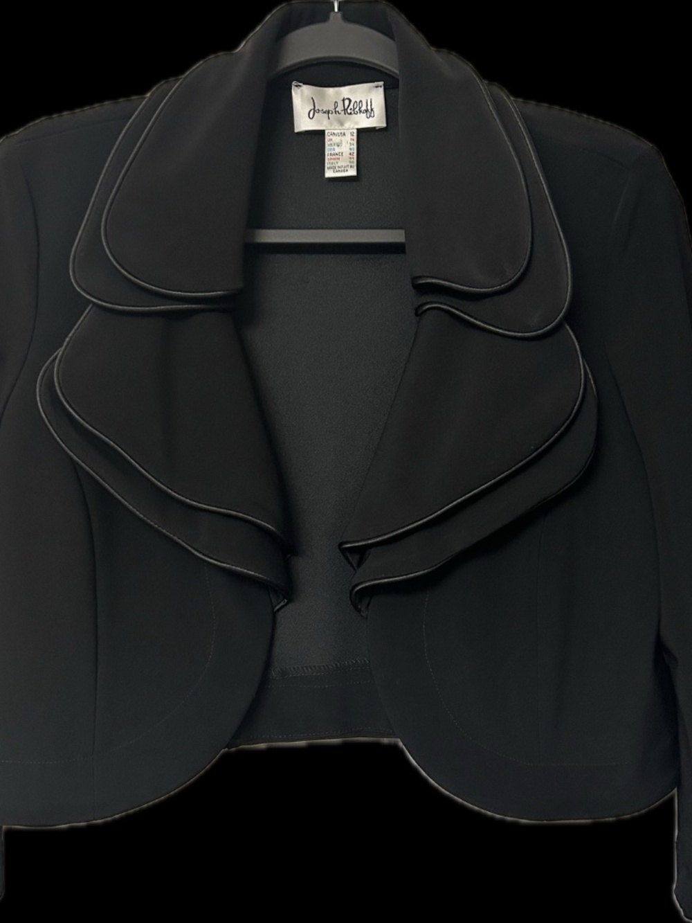 Like New Joseph Ribkoff Cropped Bolero Jacket Double Ruffle Collar Black Size 12 - Picture 12 of 14